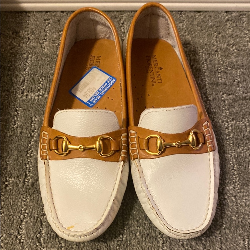 White and Tan Loafers with Gold Accents